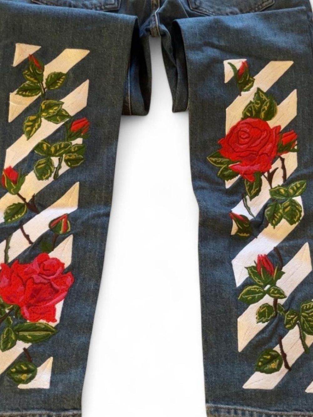 Off-White Dark Blue Denim Skinny Jeans with Red Rose Embroidery